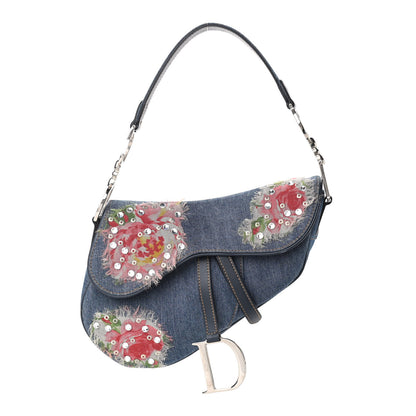 Christian Dior Denim Embroidered Saddle Bag Blue Multi 1 of 11