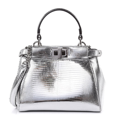 Fendi Metallic Lizard XS Peekaboo Iconic Satchel Silver 1 of 8