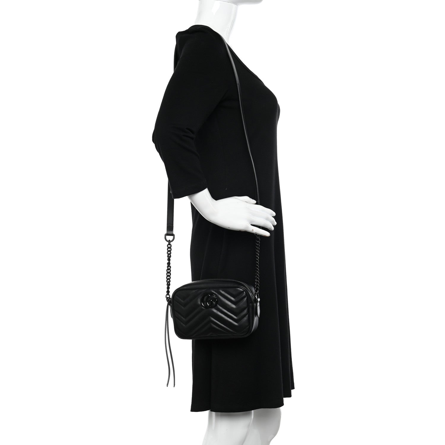 Gucci Calfskin Matelasse Monochrome Mini GG Marmont Chain Shoulder Bag Black 2 of 9