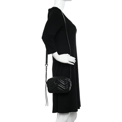 Gucci Calfskin Matelasse Monochrome Mini GG Marmont Chain Shoulder Bag Black 2 of 9