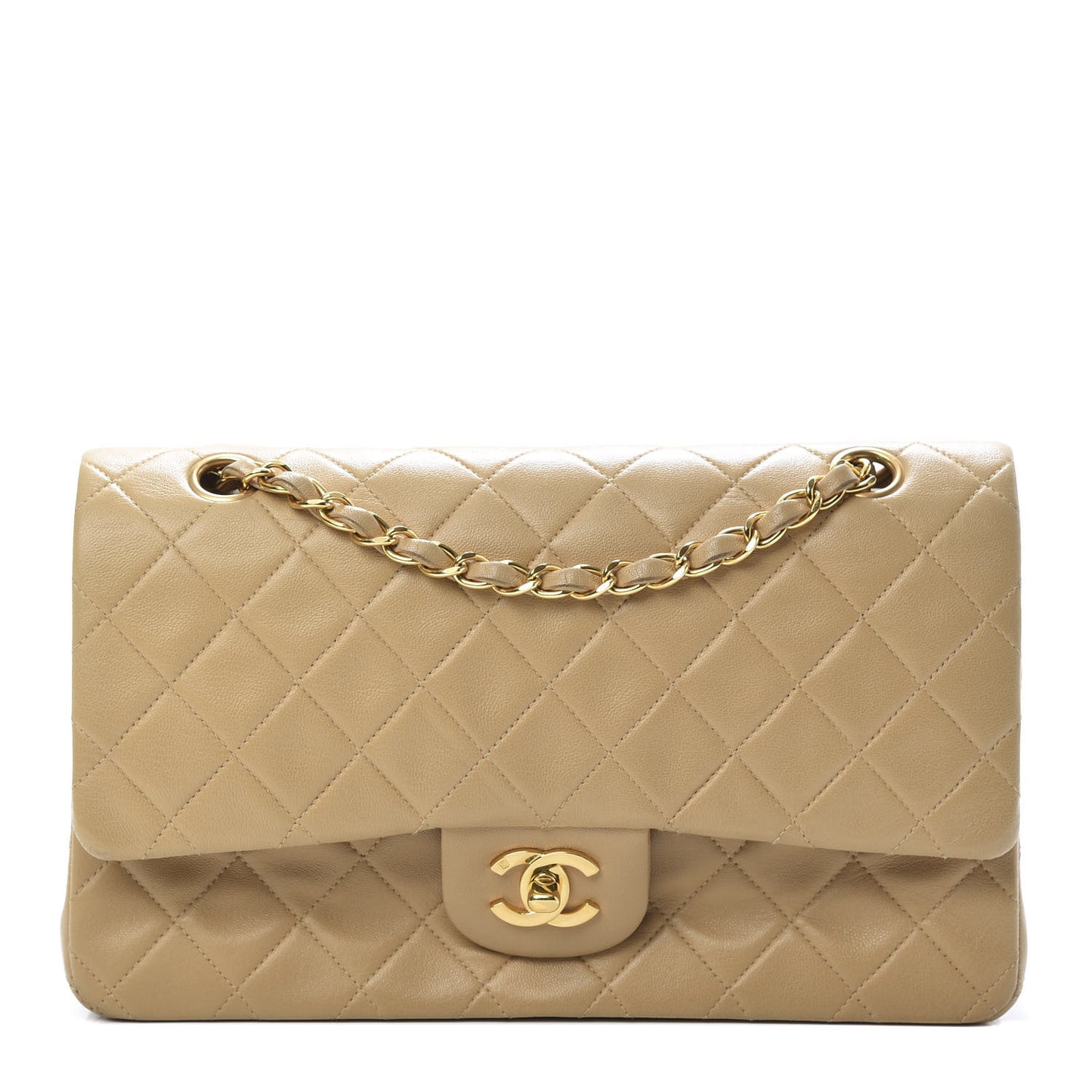 Lambskin Quilted Medium Double Flap Beige