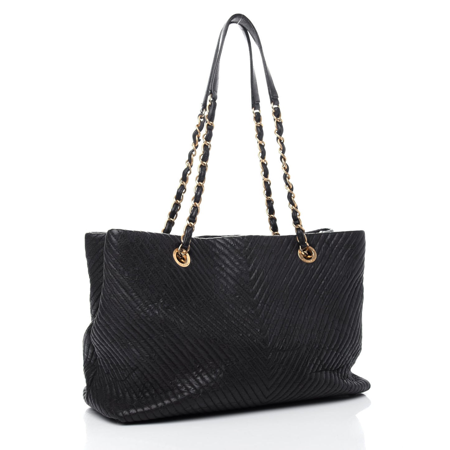 Wrinkled Lambskin Chevron Quilted Surpique Tote Black
