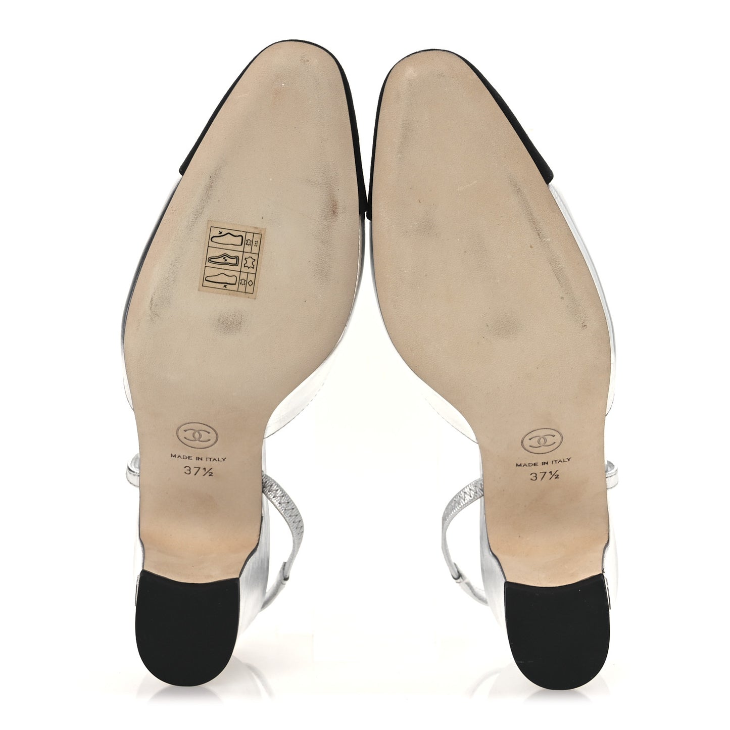 Laminated Crumpled Lambskin Grosgrain Cap Toe CC Slingback Pumps 37.5 Silver Black