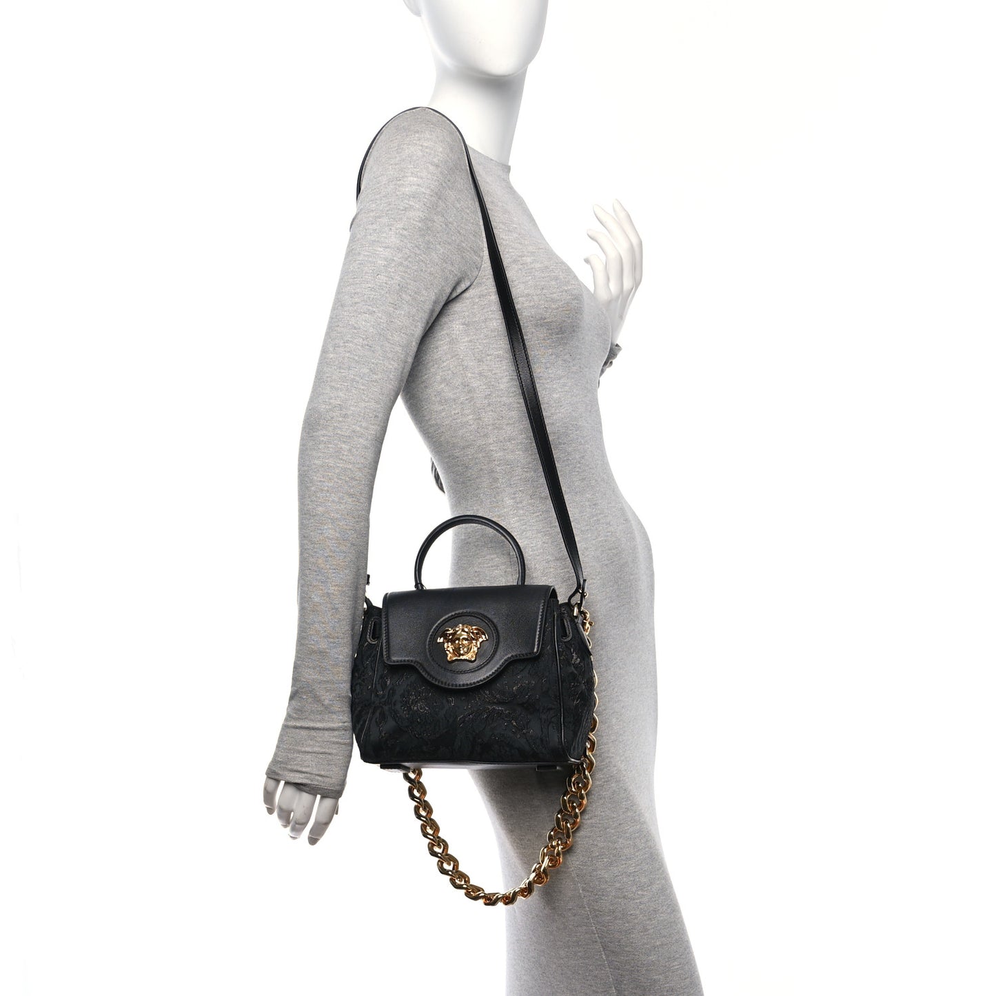 Calfskin Lurex Cloquet Small La Medusa Chain Top Handle Handbag Black