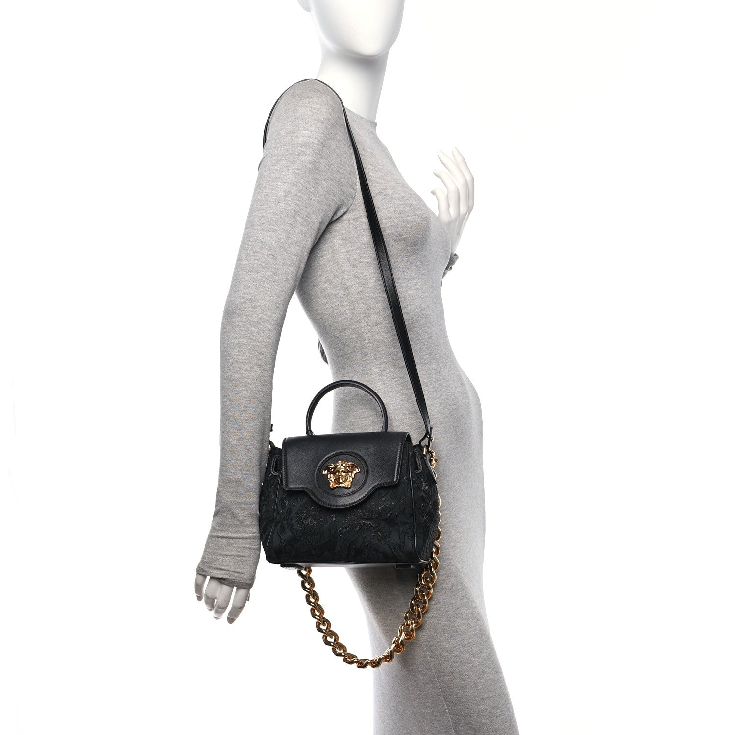 Versace Calfskin Lurex Cloquet Small La Medusa Chain Top Handle Handbag Black 2 of 9