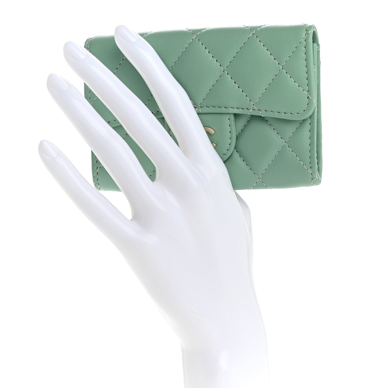 Chanel Lambskin Quilted Flap Card Holder Wallet Green 2 of 9