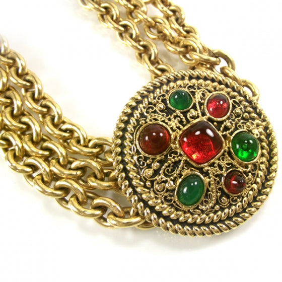 Gold Vintage Jeweled Medallion Necklace & Earrings Set