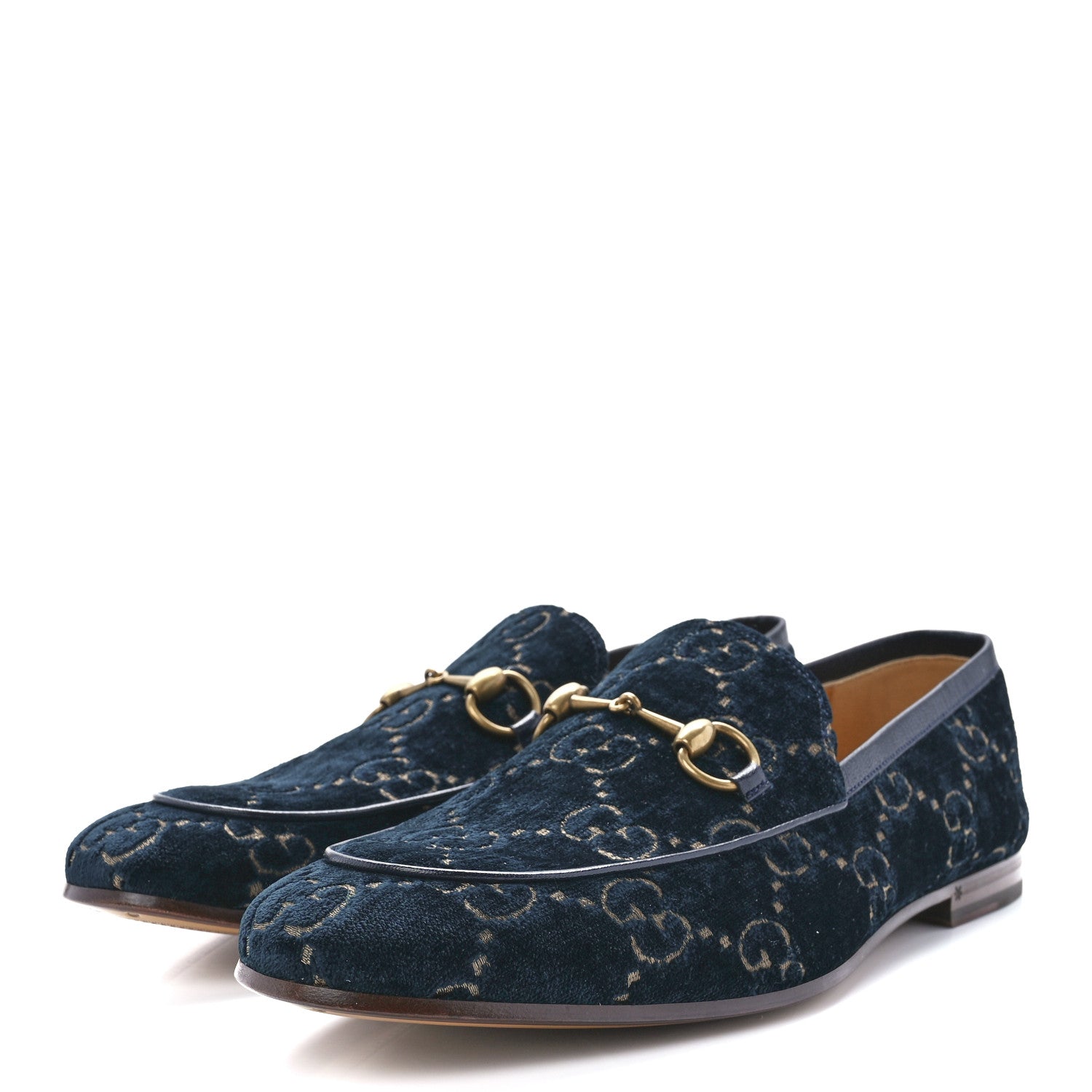 Gucci Velvet GG Monogram Horsebit Mens Jordaan Loafers 10.5 Blue Beige 3 of 8