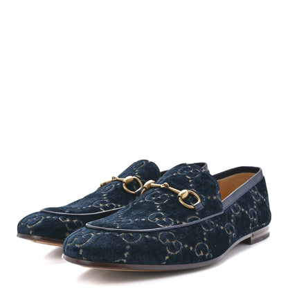 Gucci Velvet GG Monogram Horsebit Mens Jordaan Loafers 10.5 Blue Beige 3 of 8