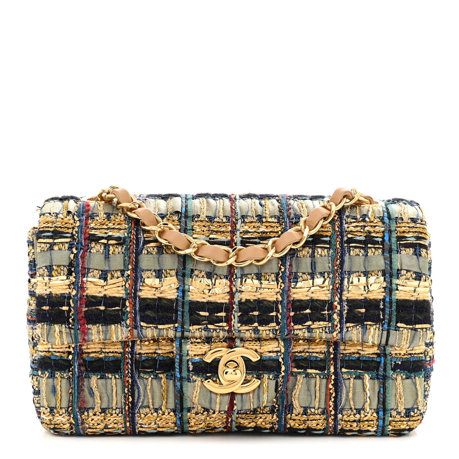 Chanel Tweed Quilted Egyptian Mini Rectangular Flap Green Black 1 of 10