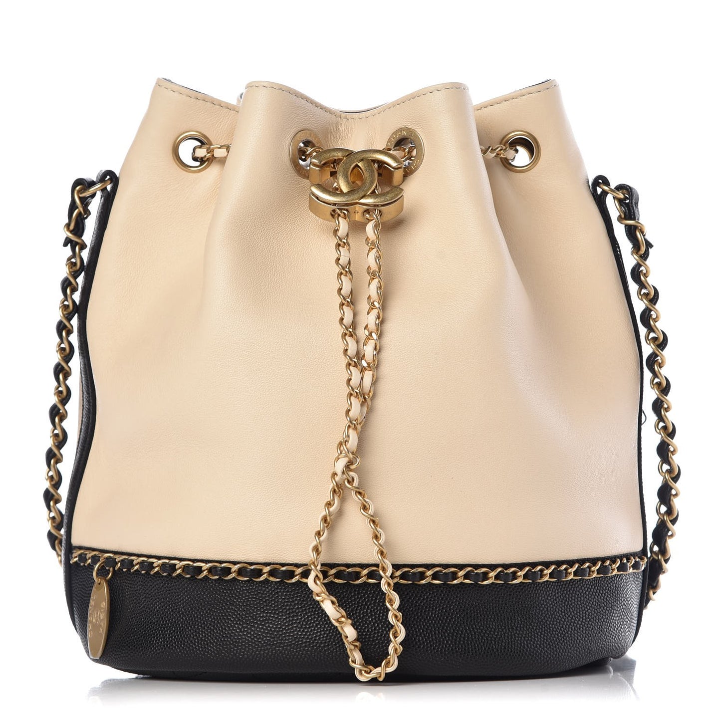 Lambskin Caviar Lovely Chains Drawstring Bag Beige Black