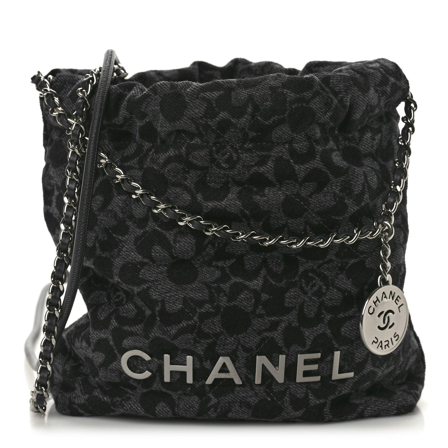Denim Quilted Floral Print Mini Chanel 22 Black Grey