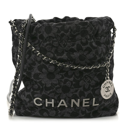 Chanel Denim Quilted Floral Print Mini Chanel 22 Black Grey 1 of 10