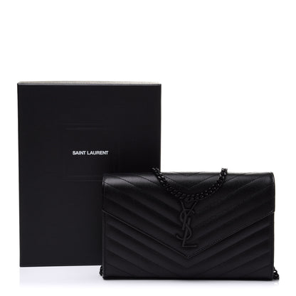 Saint Laurent Grain De Poudre Matelasse Chevron Monogram Chain Wallet Black 9 of 9