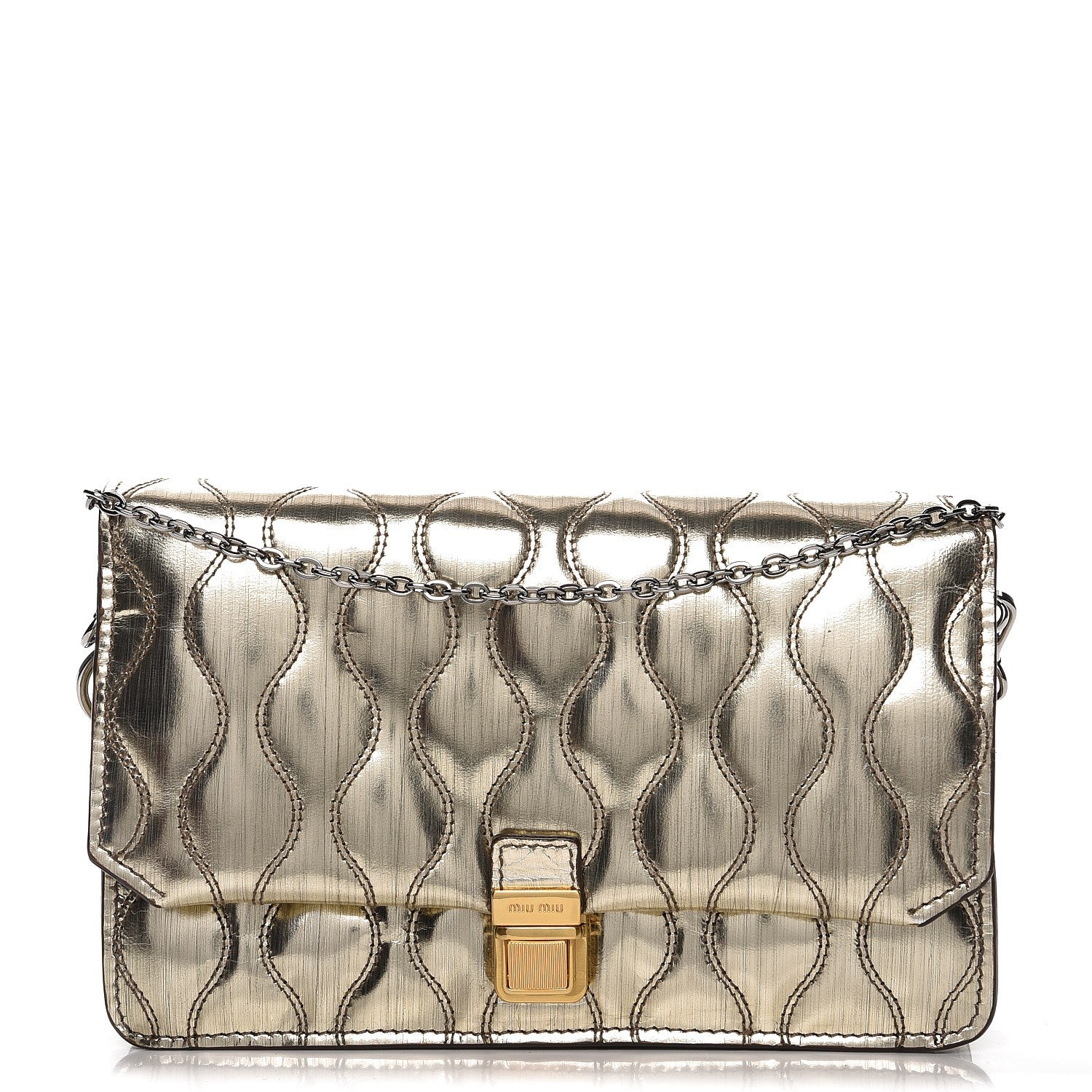 Miu Miu Metallic Calfskin Crystal Chain Clutch Pyrite 1 of 8