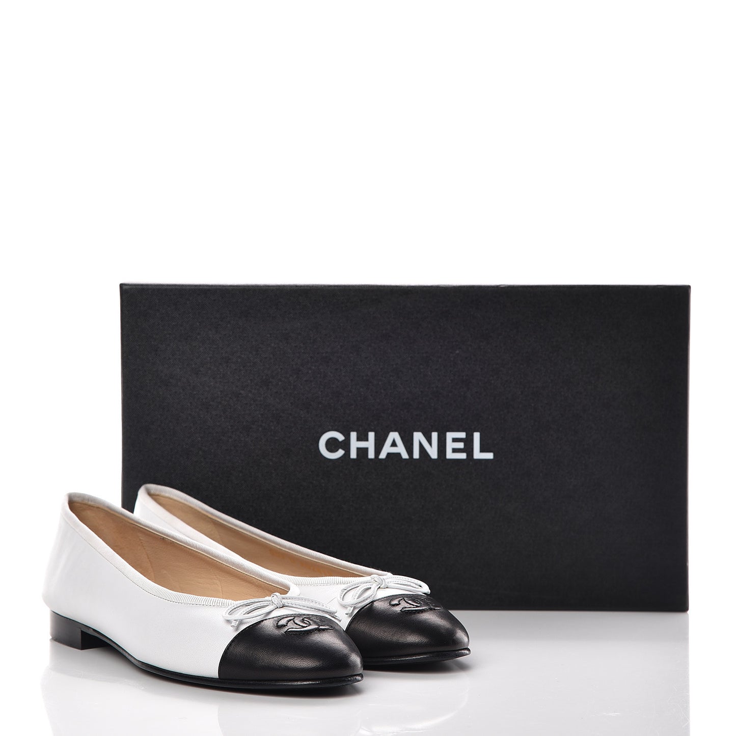 Lambskin Cap Toe Ballerina Flats 38 White Black