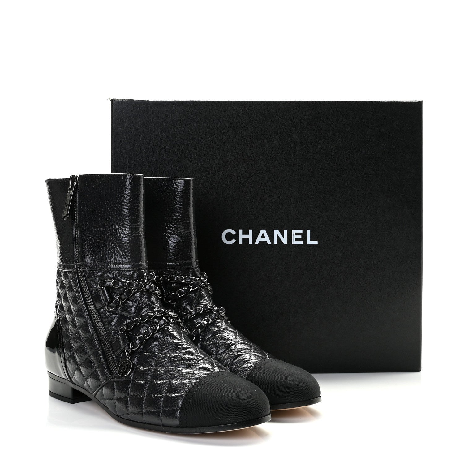 Chanel Glazed Deerskin Grosgrain Quilted Cap Toe Chain Boots 38.5 Grey Black 9 of 9