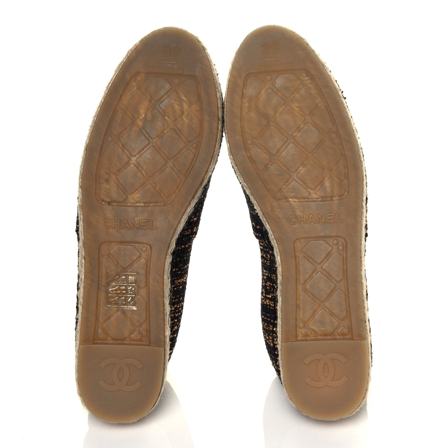 Metallic Tweed Grosgrain CC Espadrilles 39 Black Gold