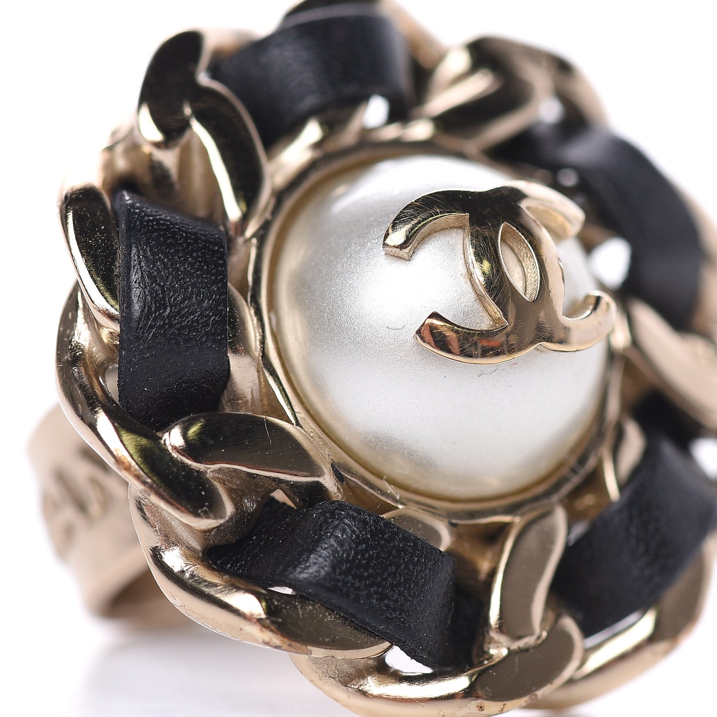 Pearl Lambskin CC Chain Ring 6 Gold