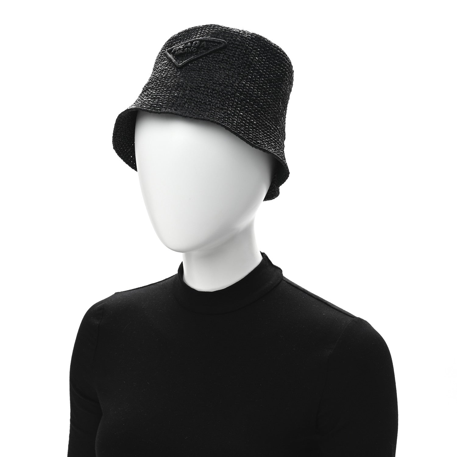 Prada Yarn Raffia Effect Crochet Logo Embroidered Womens Bucket Hat S Black 2 of 8
