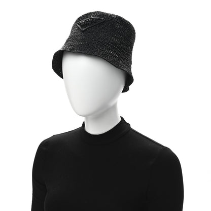 Prada Yarn Raffia Effect Crochet Logo Embroidered Womens Bucket Hat S Black 2 of 8