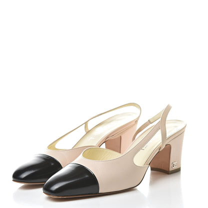 Chanel Calfskin Cap Toe CC Slingback Pumps 38 Beige Black 3 of 13
