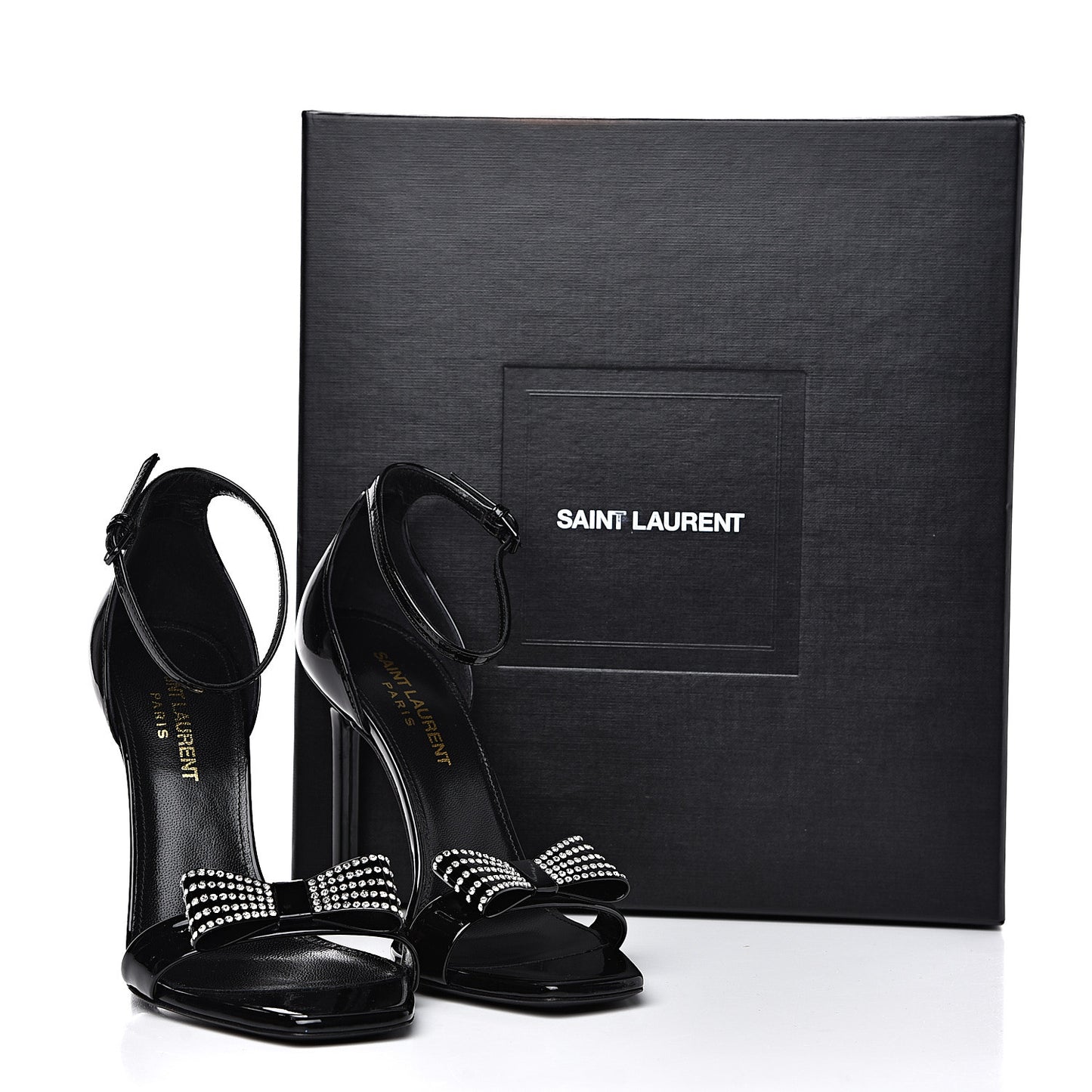 Patent Calfskin Crystal Amber Bow 85 Ankle Strap Sandals 36 Black