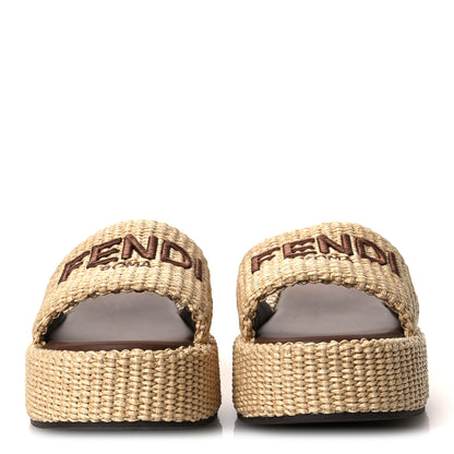 Fendi Raffia Womens FF Sunshine Flatform Slide Sandals 39.5 Beige 3 of 11