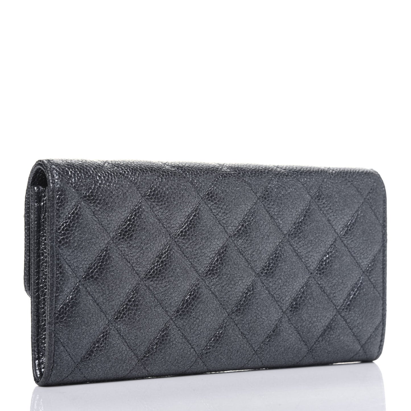 Metallic Caviar Quilted Large Flap Wallet Charcoal