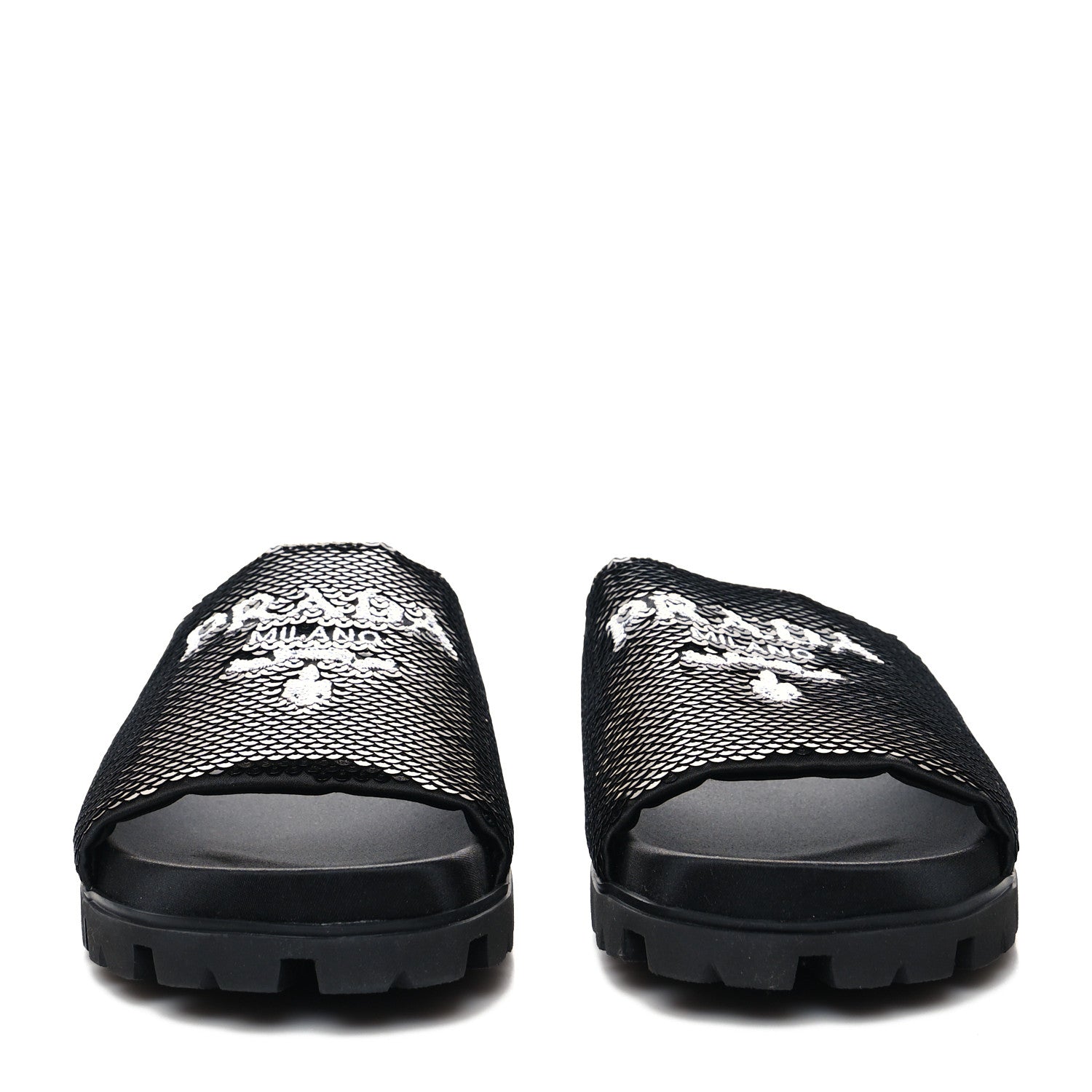 Prada Paillettes Sequin Logo Slide Sandals 41.5 Black 2 of 10