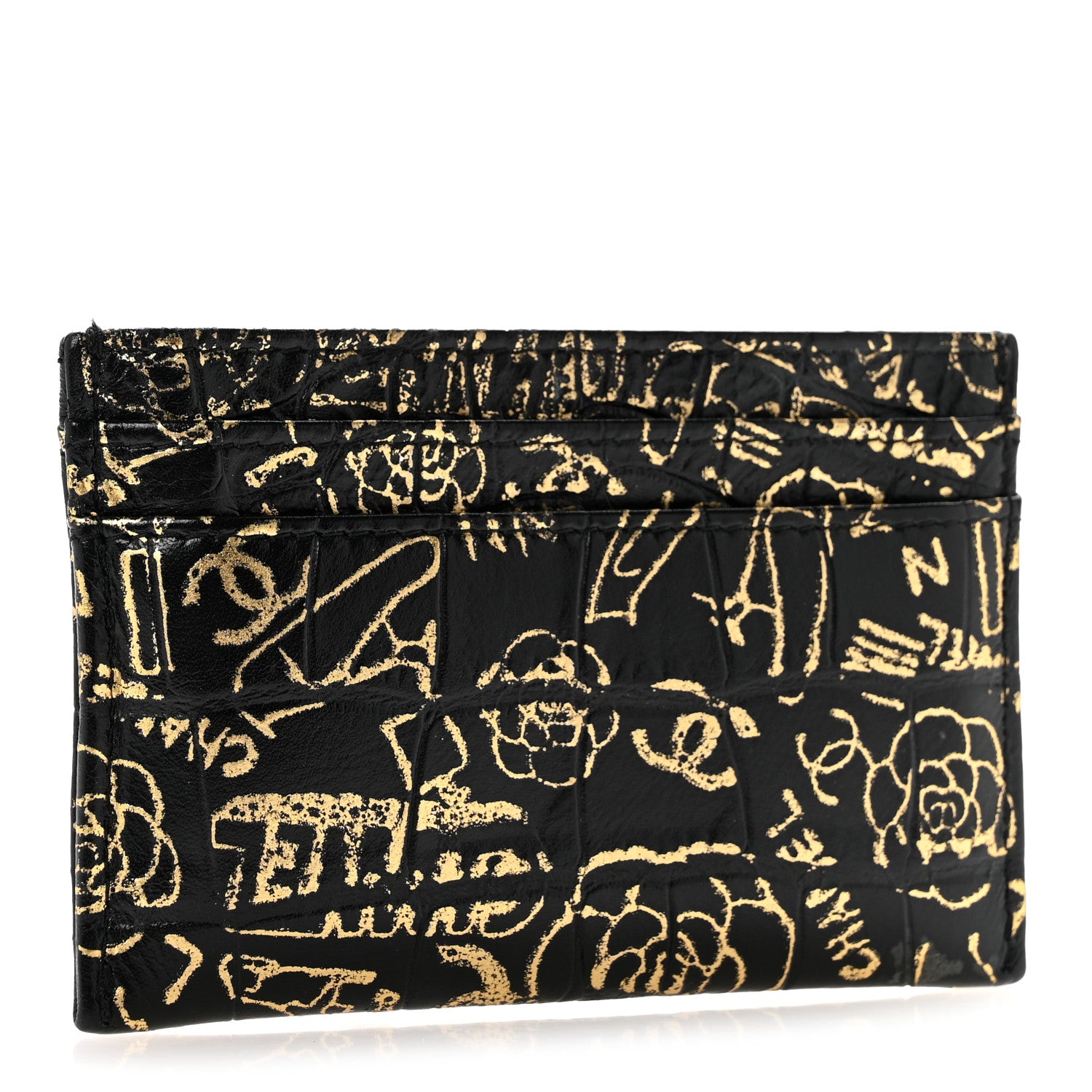 Chanel Calfskin Crocodile Embossed Graffiti 2.55 Cocodile Reissue Card Holder Black Gold 3 of 10