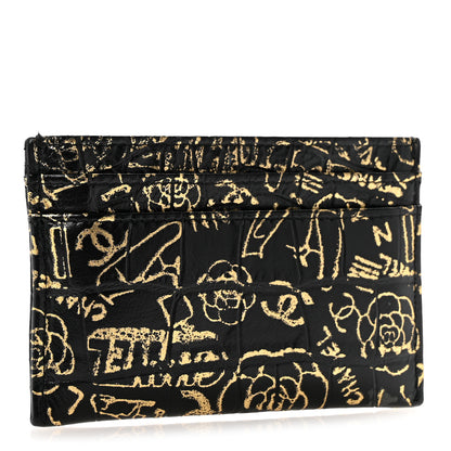 Chanel Calfskin Crocodile Embossed Graffiti 2.55 Cocodile Reissue Card Holder Black Gold 3 of 10