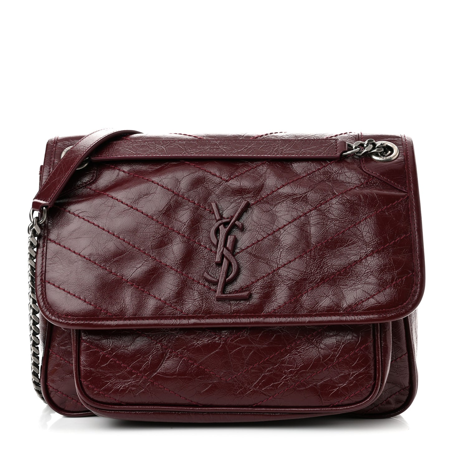 Crinkled Calfskin Matelasse Monogram Medium Niki Chain Satchel Rouge Legion