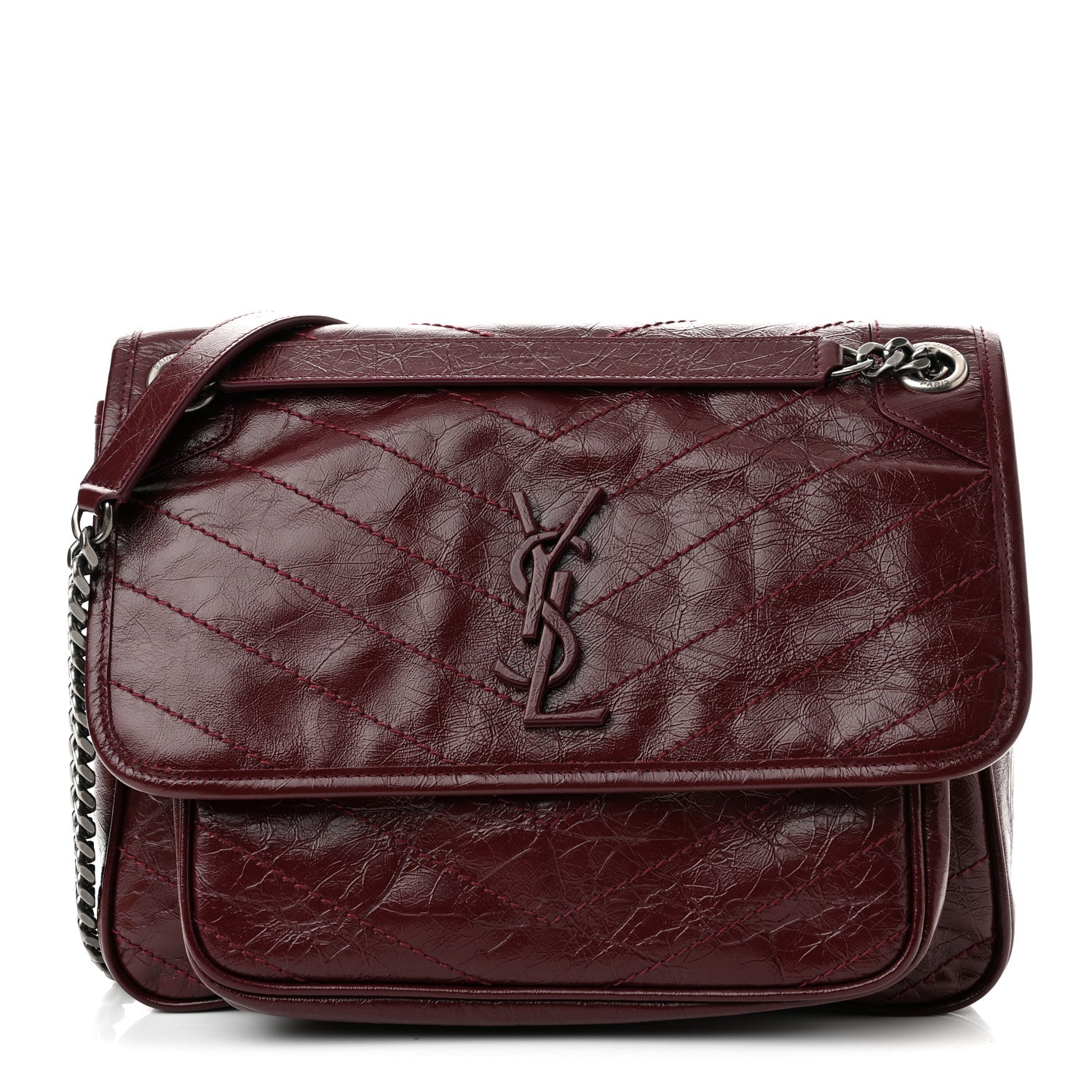 Saint Laurent Crinkled Calfskin Matelasse Monogram Medium Niki Chain Satchel Rouge Legion 1 of 9