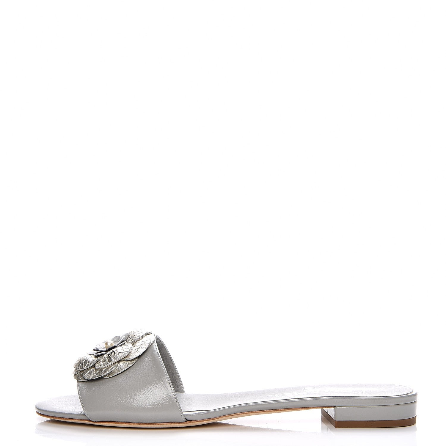 Chanel Calfskin Python Camellia Sandal Mules 38.5 Grey Silver 1 of 8