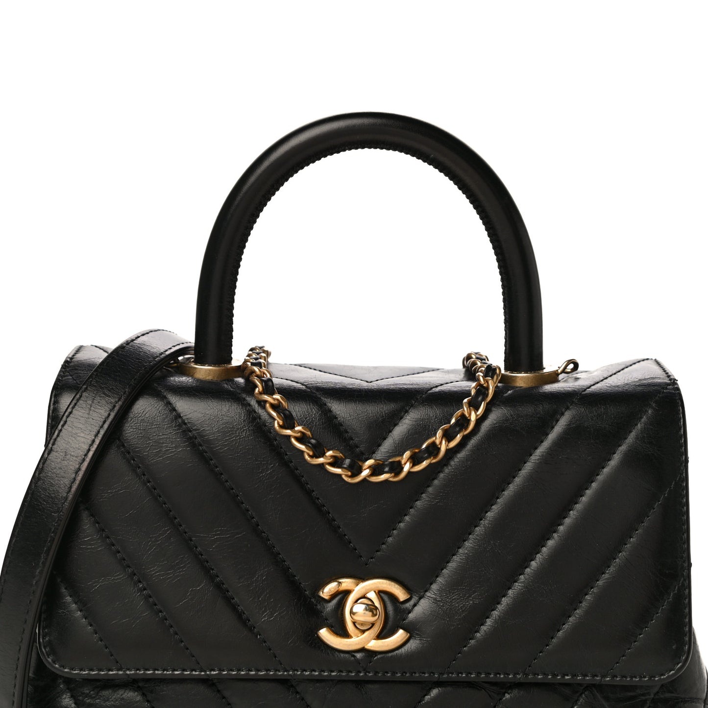 Aged Calfskin Chevron Quilted Mini Coco Handle Flap Black