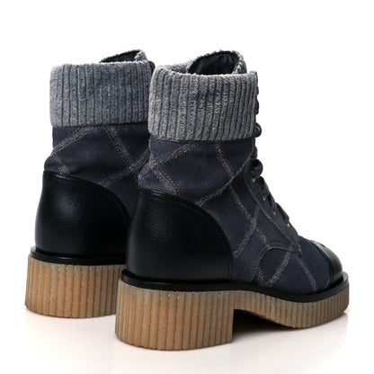Chanel Suede Calfskin Velvet Quilted CC Combat Boots 36.5 Dark Grey 4 of 8