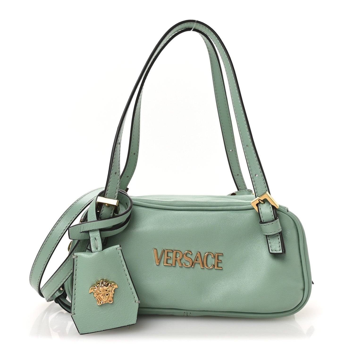 Versace Lambskin Mini Tag Bowling Bag Turquoise 1 of 9
