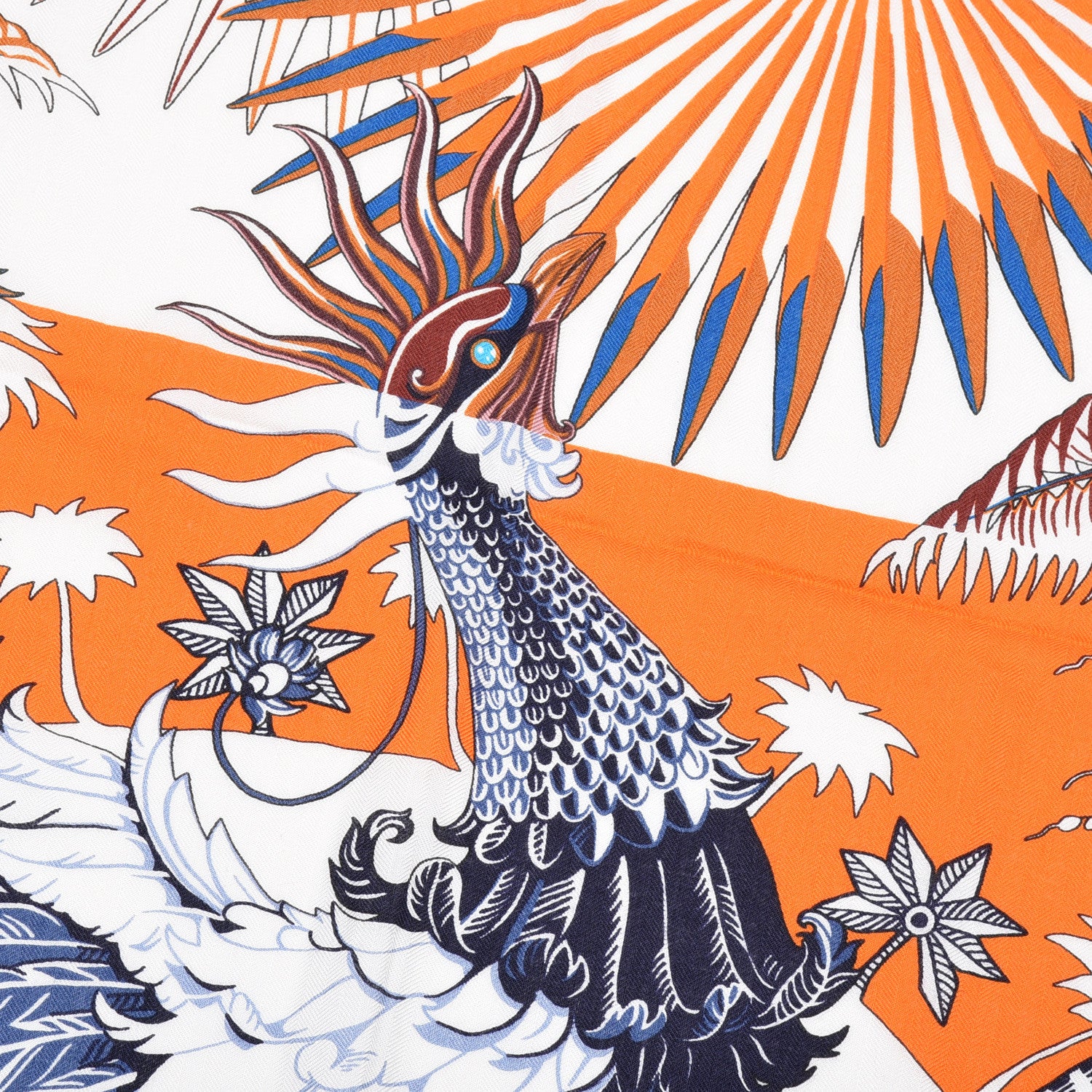 Hermes Cashmere Silk Mythiques Phoenix Coloriage Shawl 140 Blanc Orange Bleu 2 of 7