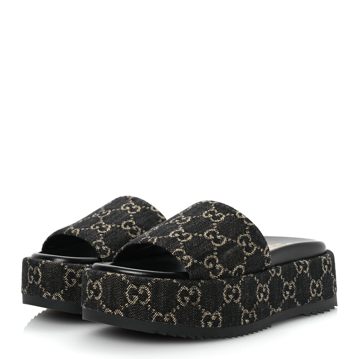 Jacquard Black Denim GG Monogram Angelina Platform 55mm Slide Sandals 35.5 Black Ivory