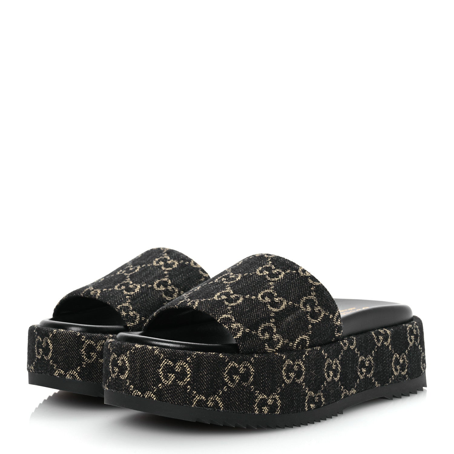 Gucci Jacquard Black Denim GG Monogram Angelina Platform 55mm Slide Sandals 35.5 Black Ivory 4 of 11