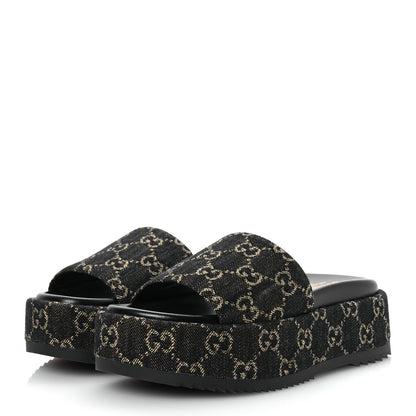 Gucci Jacquard Black Denim GG Monogram Angelina Platform 55mm Slide Sandals 35.5 Black Ivory 4 of 11