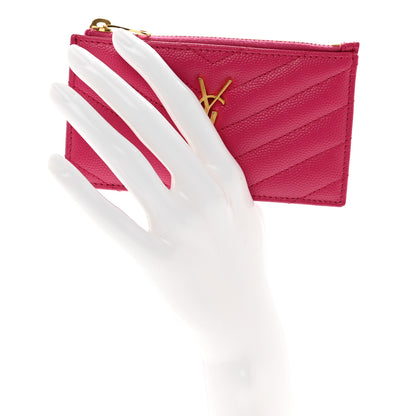 Saint Laurent Grain De Poudre Matelasse Chevron Monogram Fragments Zippered Card Case Fresh Fuxia 4 of 8