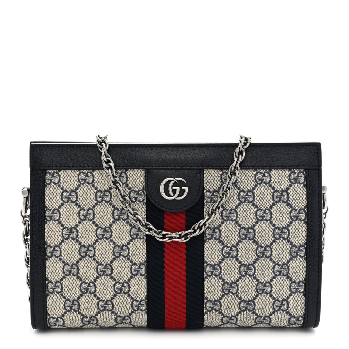 GG Supreme Monogram Textured Dollar Calfskin Web Small Ophidia Chain Shoulder Bag Beige Blue