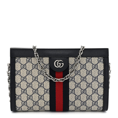 Gucci GG Supreme Monogram Textured Dollar Calfskin Web Small Ophidia Chain Shoulder Bag Beige Blue 1 of 10
