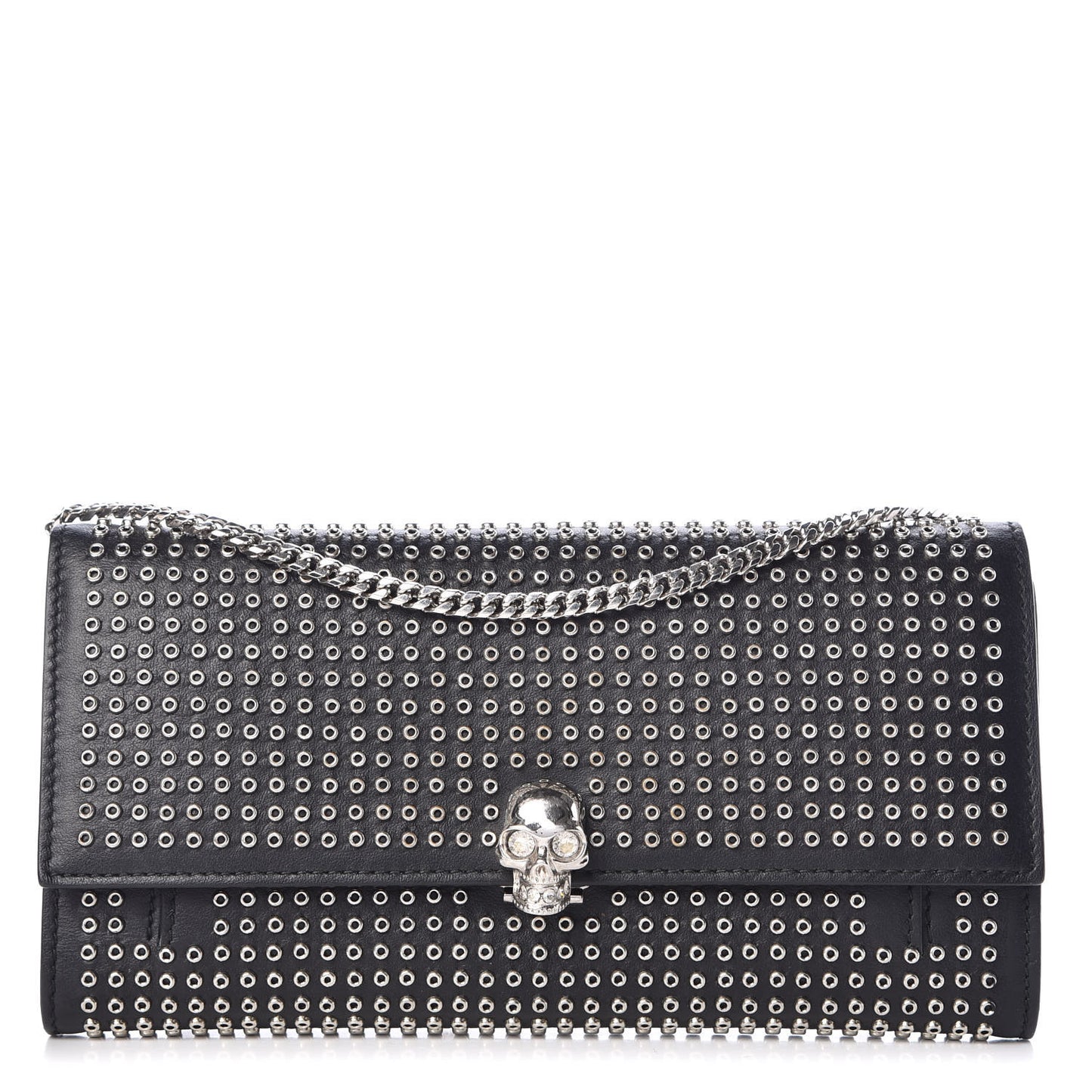Calfskin Studded Skull Wallet on Chain Black