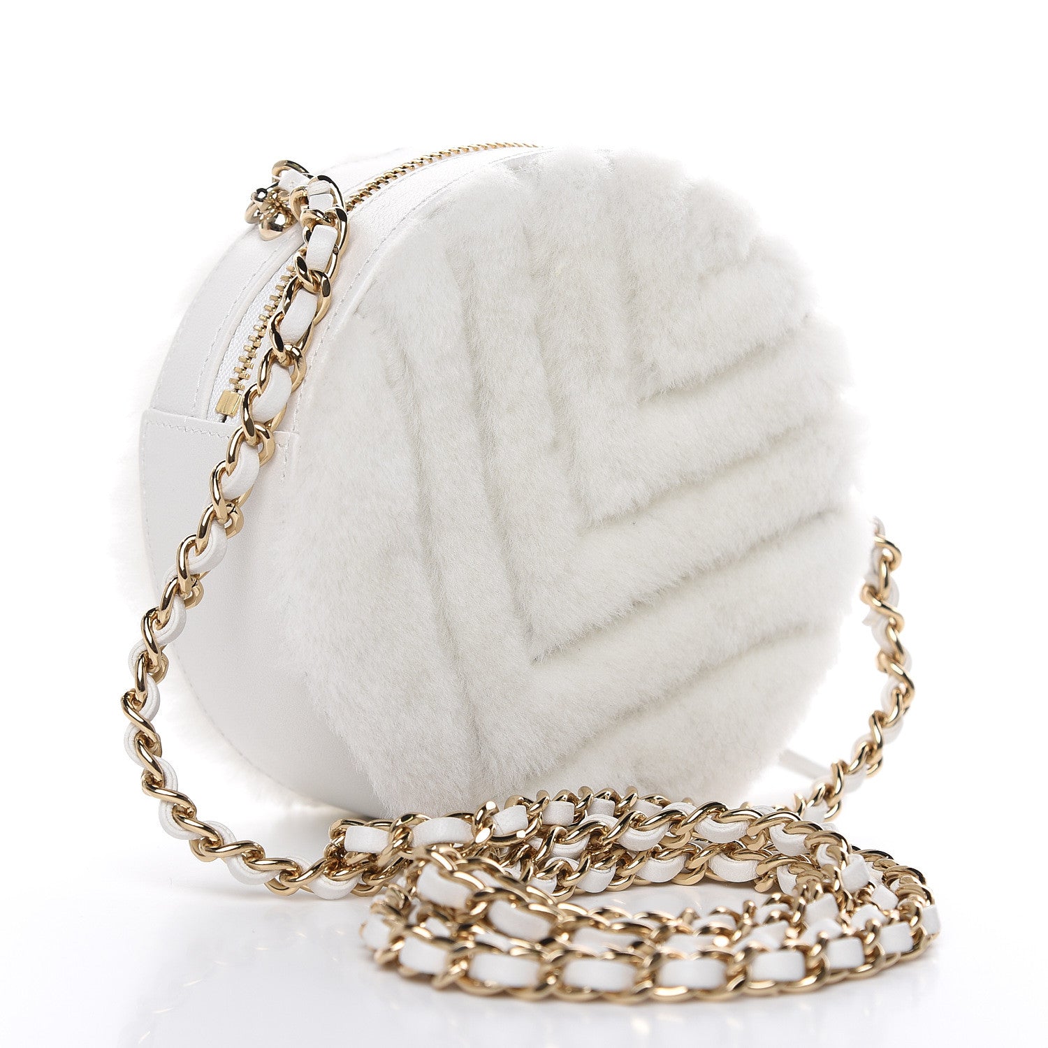 Chanel Fur Chevron Quilted Round Clutch With Chain White 3 of 10