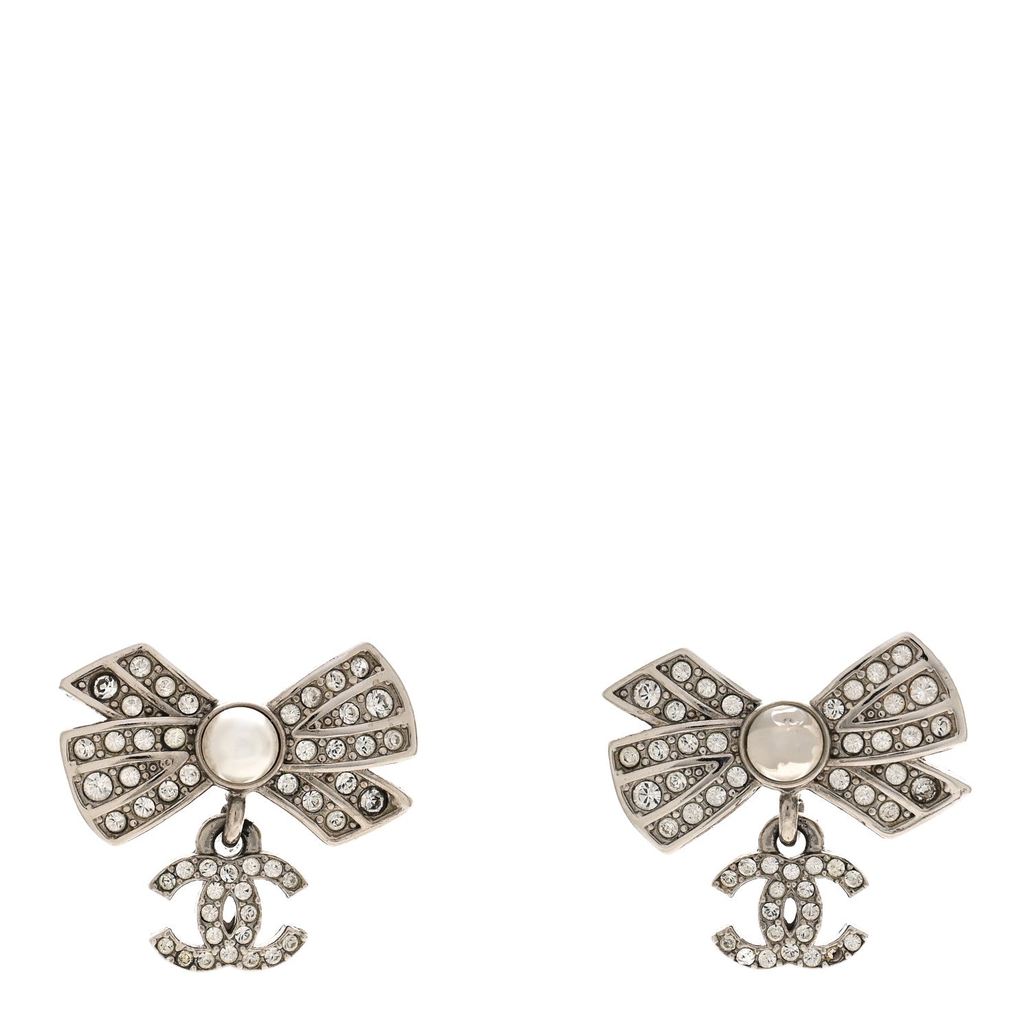 Chanel Crystal Pearl Bow CC Drop Earrings Silver 1 of 5