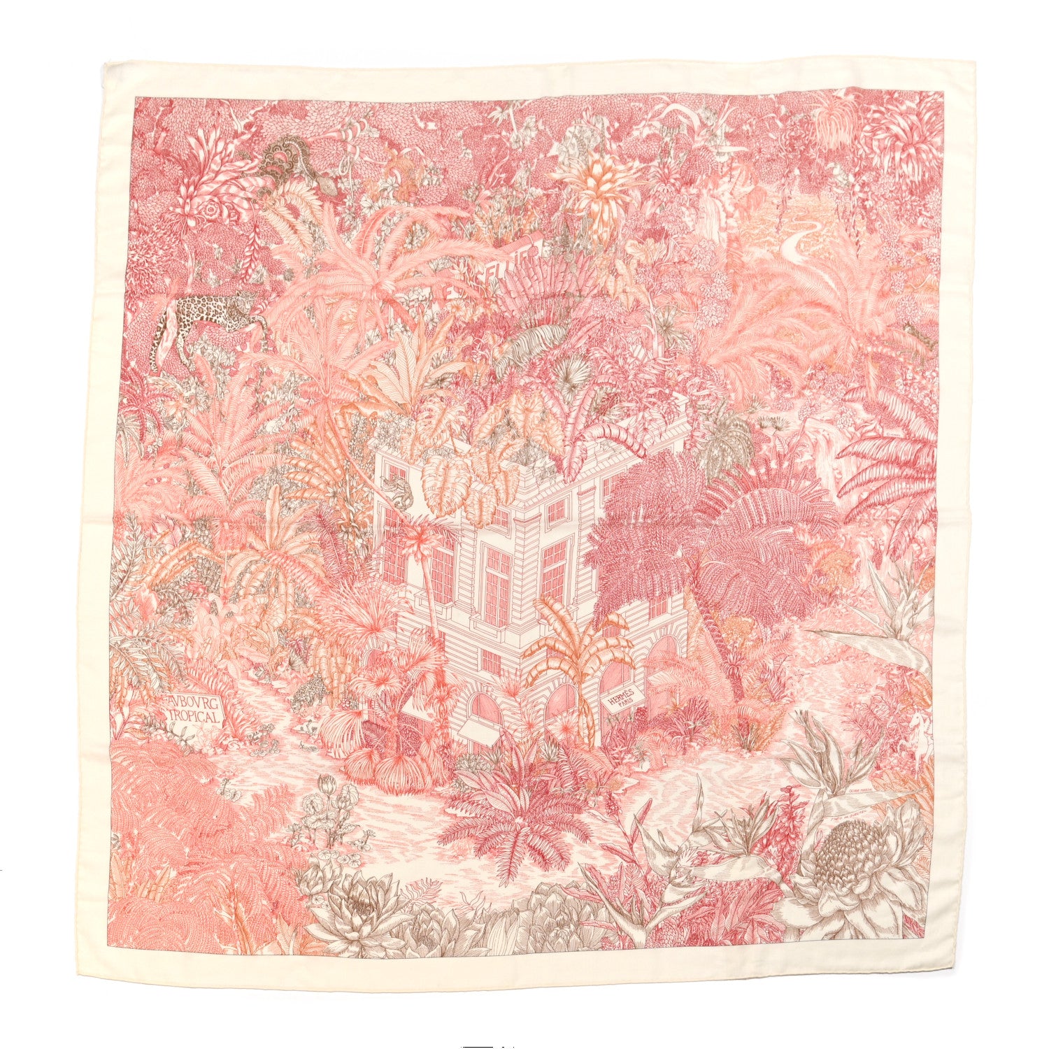 Hermes Cashmere Silk Faubourg Tropical Shawl 140 White Rouge Corail 1 of 6