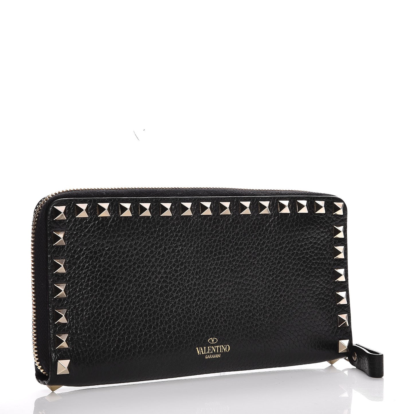 Pebbled Calfskin Rockstud Zip Around Wallet Black